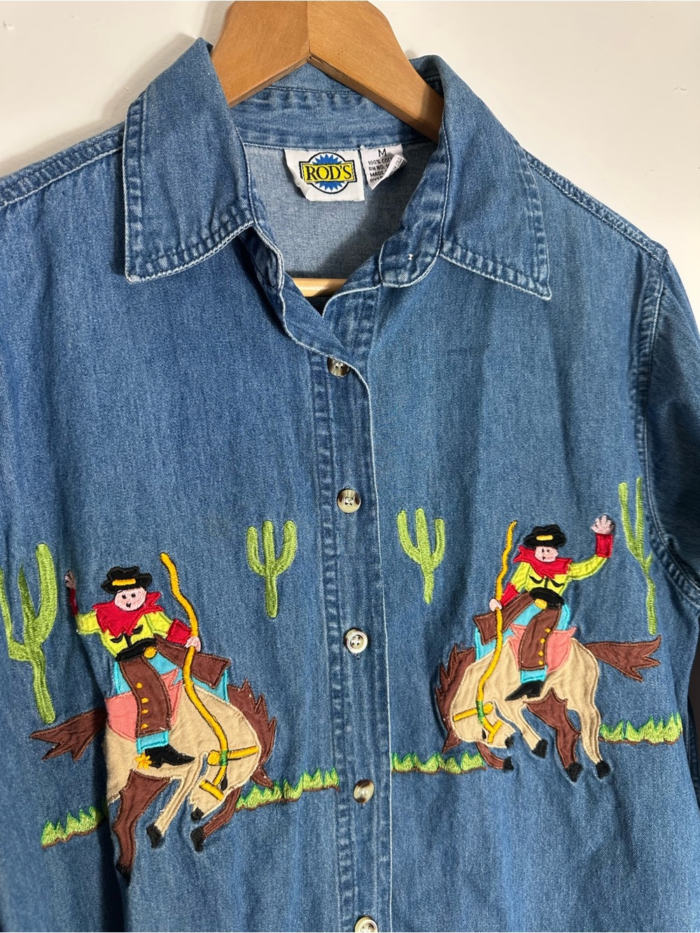 Vintage Rod's Denim Button-Down Western Shirt - Embroidered Cowboys Cacti Horses